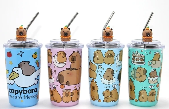 Capybara Figürlü Isı Muhafazalı Metal Pipetli Paslanmaz Çelik Kupa Alk4429 ürün görseli 1