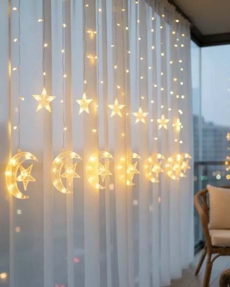 Hilal Yıldız Led Perde Işık Balkon Pencere Ve Oda Dekorasyonu ürün görseli 1