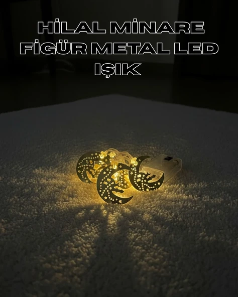 Gold Renk Metal Minareli Hilal Led Işık Pilli Ramazan Süsü ürün görseli 1