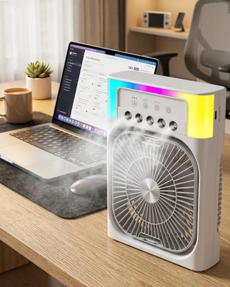 Usb Şarjlı Masaüstü Soğutucu Fan Su Püskürtmeli Renkli Işıklı ürün görseli 1