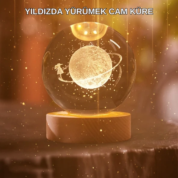 Kız Figürlü Sarı Cam Küre Işıklı Büyük Boy Ahşap Standlı Dekor ürün görseli 1