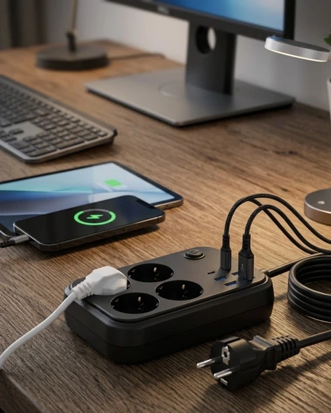 Termal Korumalı Uzatma Kablosu 4 Priz Usb Ve Type C Çoklu Şarj İstasyonu ürün görseli 1