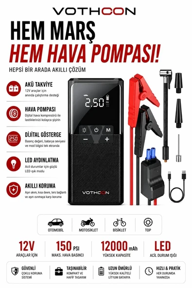 12000 Mah Akıllı Akü Takviye Ve Dijital Hava Pompası Akım Korumalı ürün görseli 1