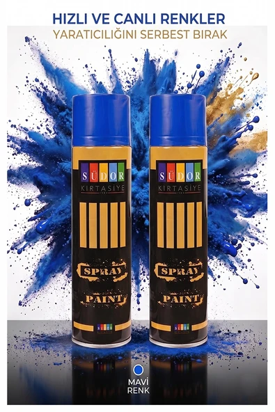 Mavi Sprey Boya 200 ml 2 Adet Südor Hızlı Kuruyan Renkli Profesyonel Canlı Renk Ahşap Plastik Demir Metal Porselen Cam ürün görseli 1