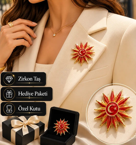 Hediye Kırmızı Gold Ay Yıldız Detaylı Kadın Broş Rozet ürün görseli 1