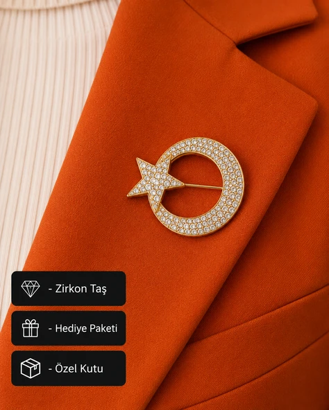 Hediye Gold Ay Yıldız Taşlı Kadın Broş Premium Rozet Aksesuar ürün görseli 1