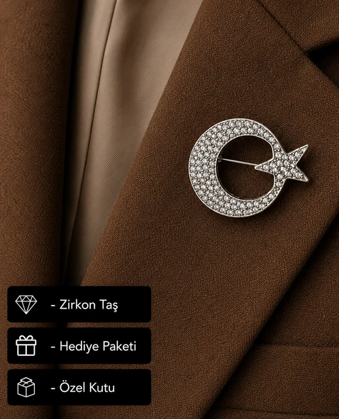 Hediye Ay Yıldız Taşlı Kadın Broş Rozet Gümüş Renk Zirkon Taşlı ürün görseli 1
