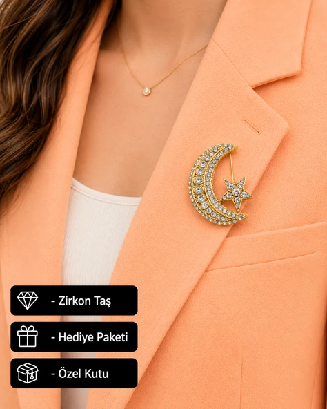 Hediye Ay Yıldız Taşlı Kadın Broş Gold Renk Zirkon Taş İşlemeli ürün görseli 1