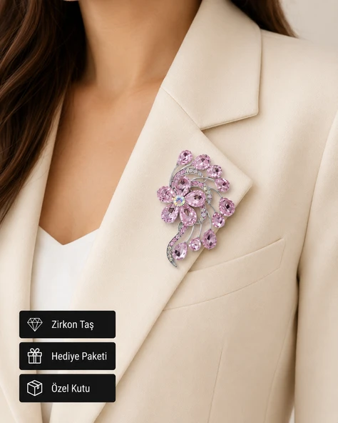 Pembe Taşlı Çiçek Figürlü Premium Kadın Hediye Broş Rozet ürün görseli 1