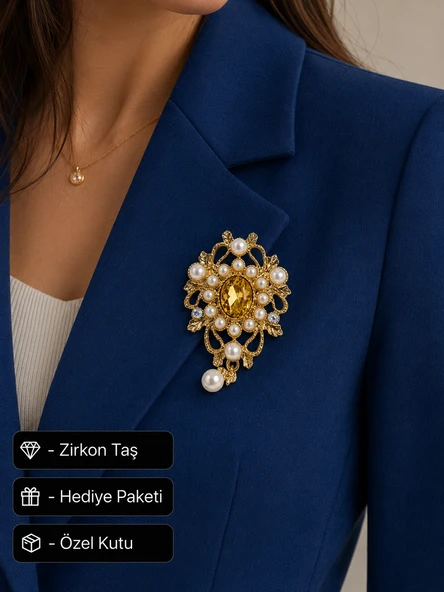 Premium Hediye İnci Taş Detaylı Gold Renk Kadın Broşu Vintage Tasarım ürün görseli 1