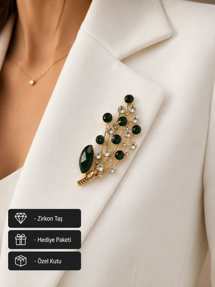 Hediye Zümrüt Yeşili Taşlı Gold Kadın Premium Broş Rozet ürün görseli 1