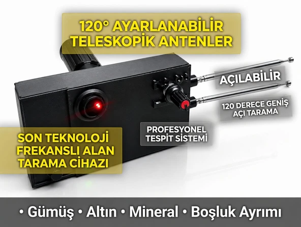 MurayTekno Frekanslı Ayrımlı Alan Tarama Cihazı Boşluk Mineral Gümüş Altın 120 Derece Ayarlanabilir Açılabilir Teleskobik Antenli Son Teknoloji ürün görseli 1