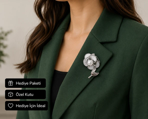 Premium Hediye İnci Detaylı Çiçek Kadın Broş Gümüş Renk Zirkon Taşlı Rozet ürün görseli 1