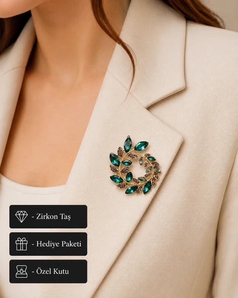 Premium Hediye Yeşil Taş Detaylı Gold Yaprak Tasarım Kadın Broşu ürün görseli 1