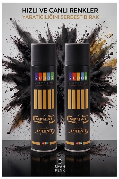 Siyah Sprey Boya 200 ml 2 Adet Südor Hızlı Kuruyan Renkli Profesyonel Canlı Renk Ahşap Plastik Demir Metal Porselen ürün görseli 1