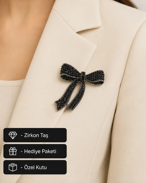 Hediye Siyah Taşlı Premium Fiyonk Kadın Broş Rozet Aksesuar ürün görseli 1