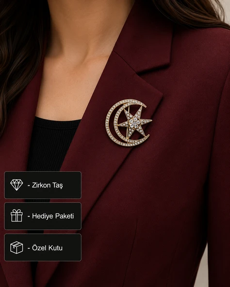 Hediye Gold Ay Yıldız Taşlı Kadın Broş Rozet Aksesuar ürün görseli 1