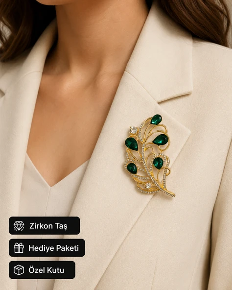 Hediye Zümrüt Yeşili Taşlı Gold Renk Kadın Broş Rozet ürün görseli 1