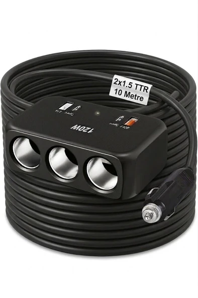 Araç Çakmak Uzatma Kablosu Çakmaklık Çoklayıcı USB,Type-C çıkışlı Hızlı Şarj 12-24V/10A/120W 2 X1,5mm TTR Bakır 10Mt ürün görseli 1