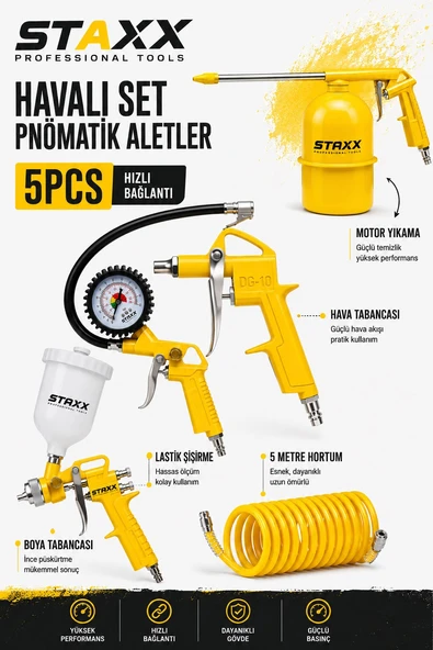 5 Parça Sanayi Tipi Havalı El Aletleri Seti Kompresör Uyumlu Boya-Motor-Lastik Şişirme Full Takım ürün görseli 1