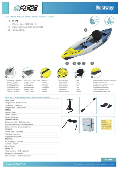 Bestway Hydro-Force 65178 Dash Elite X1 Tek Kişilik Kano Seti  3.35m x 92cm x 30cm ürün görseli 1