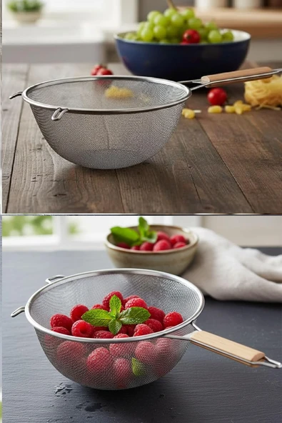 Ahşap Saplı Paslanmaz Çelik Süzgeç, Çap 22 cm - Resim 3