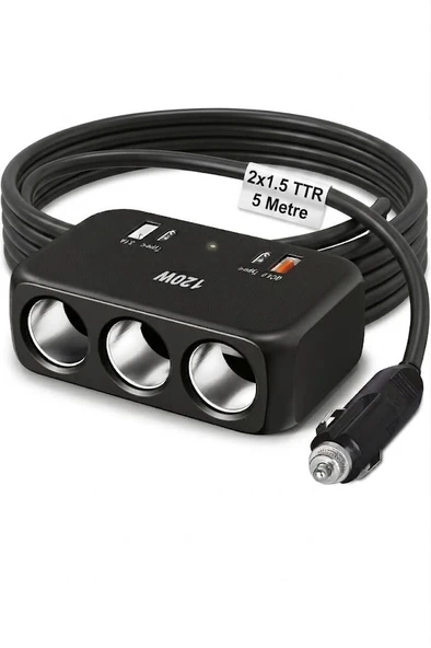 Araç Çakmak Uzatma Kablosu Çakmaklık Çoklayıcı USB,Type-C çıkışlı Hızlı şarj 12-24V/10A/120W 2 X1,5mm TTR Bakır 5Mt ürün görseli 1