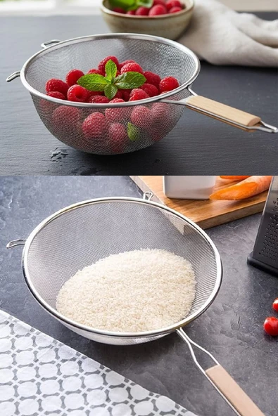 Ahşap Saplı Paslanmaz Çelik Süzgeç, Çap 22 cm - Resim 4