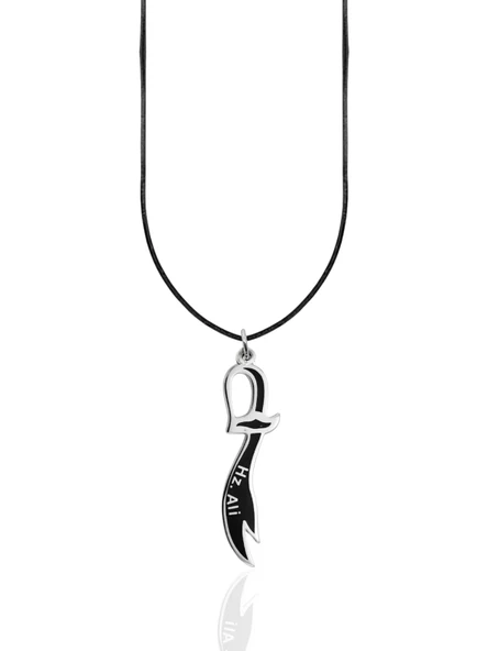 Siyah Mineli Hz. Ali Yazılı Zülfikar Kılıcı Gümüş Kolye Ucu 5.2x1.3cm [OYOT330] ürün görseli 1