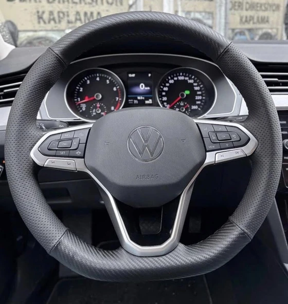 Volkswagen Golf 8 Caddy 2022 uyumlu  Direksiyon Kılıfı NOKTA KARBON SİYAH İPLİ ürün görseli 1