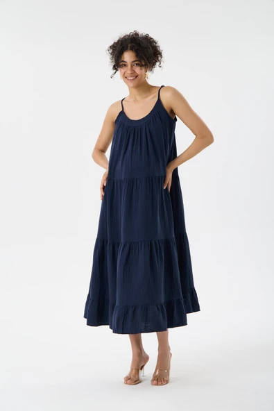 IŞŞIL 1077-Muslin Kumaş Askılı OverSize Hamile Askılı Elbise ürün görseli 1