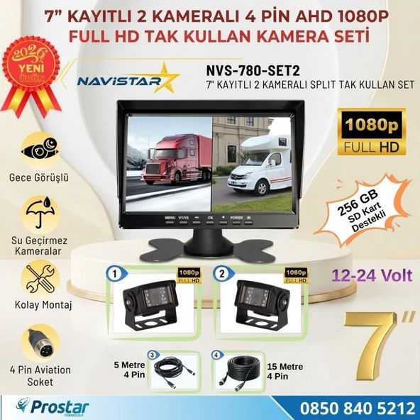 7 inç 2 Kameralı Kayıtlı 1080P Full HD Araç Güvenlik ve Geri Görüş Seti (12-24V) ürün görseli 1