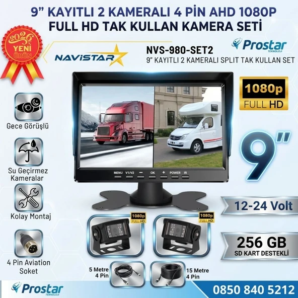 9 inç Kayıtlı Geniş Ekran 2 Kameralı 1080P Full HD Araç Güvenlik ve Geri Görüş Seti (12-24V) ürün görseli 1