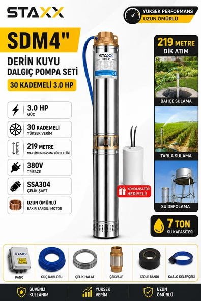 Derin Kuyu Dalgıç Pompa Kalem Dalgıç Seti Trifaze 380V Tak Çalıştır 219 Mt Dik Basar SDM4 Serisi ürün görseli 1