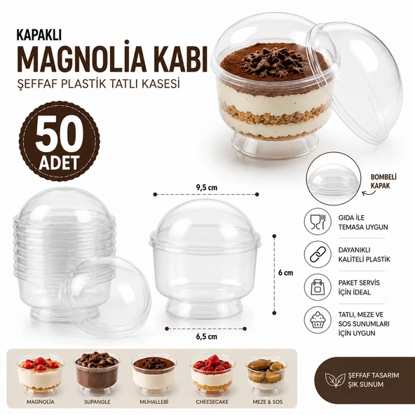 50 Adet Kapaklı Tatlı Kabı Magnolia Kasesi Şeffaf Plastik 200 cc Magnolya Kase ürün görseli 1