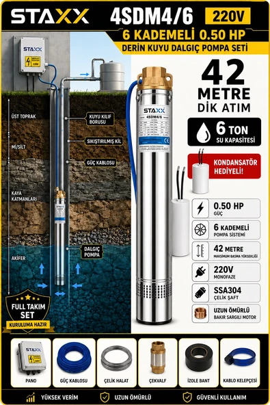 Staxx 4SDM4/6 Derin Kuyu Dalgıç Pompa Seti 0.50HP 42 Metre Full Takım Bahçe Tarla Sulama Kalem Dalgı ürün görseli 1