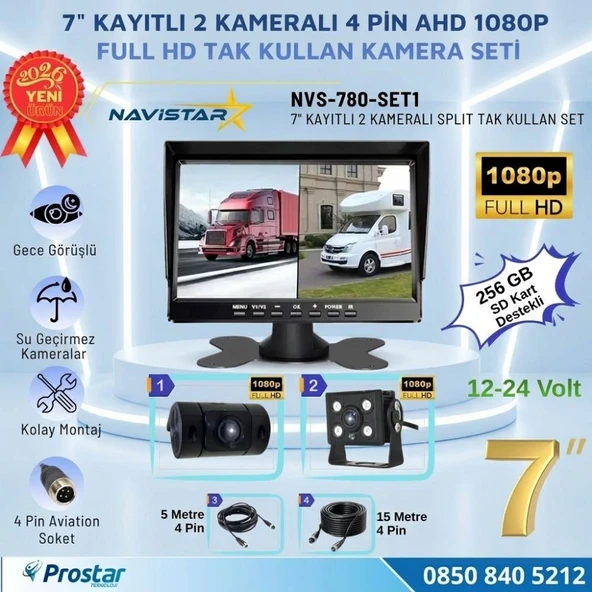 7 inç Kayıtlı 2 Kameralı 1080P Full HD Araç Güvenlik ve Geri Görüş Seti (12-24V) ürün görseli 1