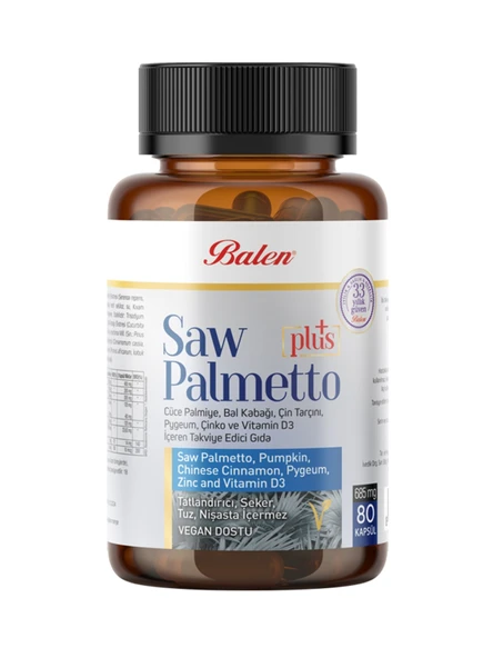 Balen SAW PALMETTO PLUS CÜCE PALMİYE ÇİNKO VİTAMİN D3 KAPSÜL 685 mg X 80 KAPSÜL ürün görseli 1