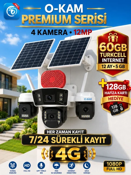 O-Kam OK335B Premium Serisi 12MP 4 Kameralı 4G Çift Solar Panel Gece Görüş 1 Yıl Turkcell +128GB Hafıza ürün görseli 1