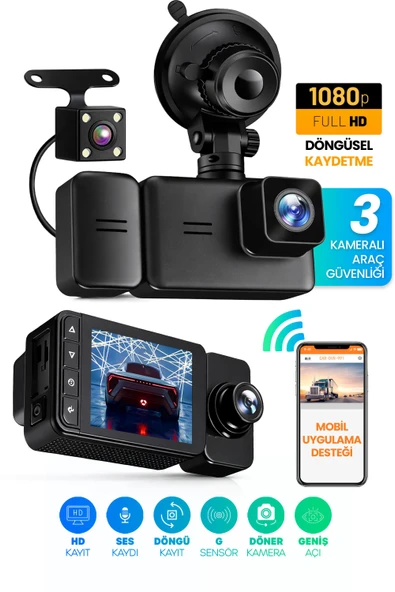 3 Kameralı Wifi Ekran Araç Kamerası FullHD Geniş Ön + Arka + Araç İçi Kamera Hareket Sensörü EF1313 ürün görseli 1