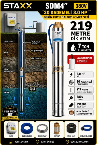 SDM4 3HP Trifaze Derin Kuyu Dalgıç Kalem Dalgıç Pompa Seti 219 Metre Full Takım Bakır Sargılı 380V ürün görseli 1
