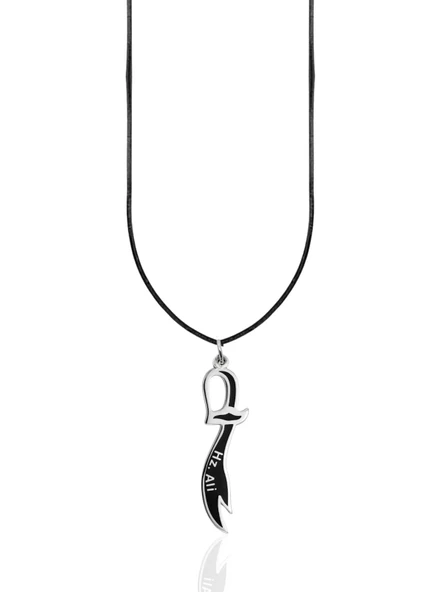 Siyah Mineli Hz. Ali Yazılı Zülfikar Kılıcı Gümüş Kolye Ucu 4.4x1cm [OYOT335] ürün görseli 1