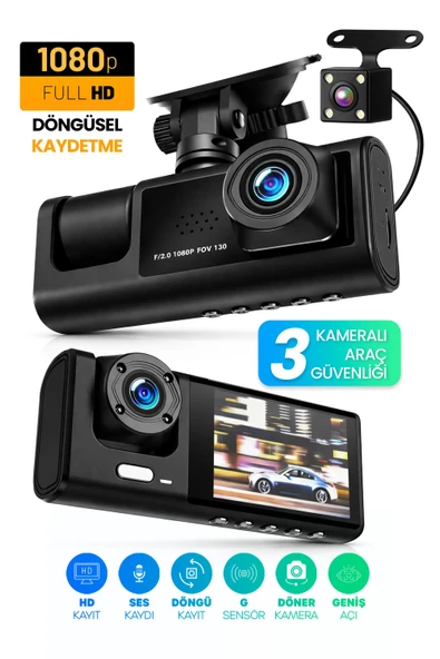 3 Kameralı LCD Ekran Araç Kamerası FullHD Geniş Açı Ön + Arka + Araç İçi Kamera Hareket Sensörü C309 ürün görseli 1