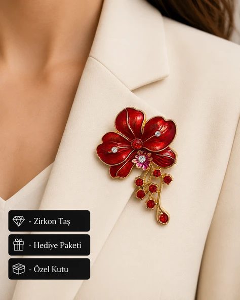 Kırmızı Çiçek Tasarımlı Taşlı Kadın Hediye Broş Rozet ürün görseli 1