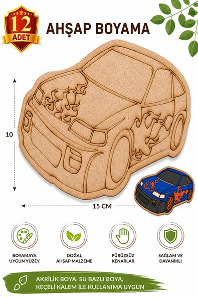 Ahşap Boyama Araba 12 Adet 10x15cm Araba Boyama Figürü Etkinlik Çoçuk Gelişim Motor Beceri Kreş Anasınıfı ürün görseli 1