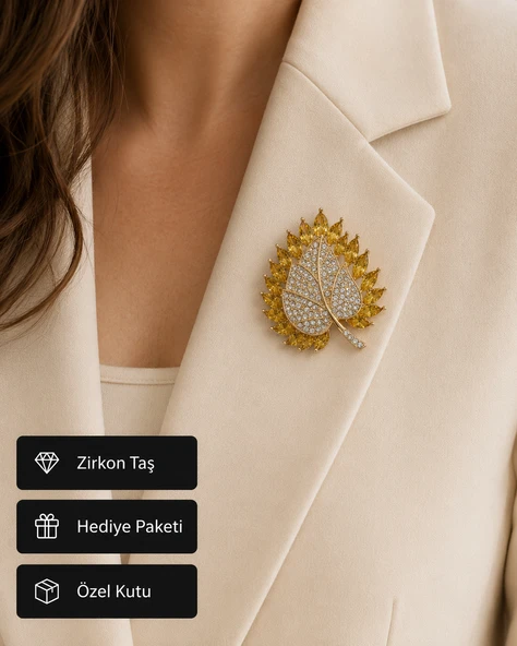 Hediye Sarı Taşlı Yaprak Kadın Broşu Gold Renk Kristal Taş Detaylı ürün görseli 1