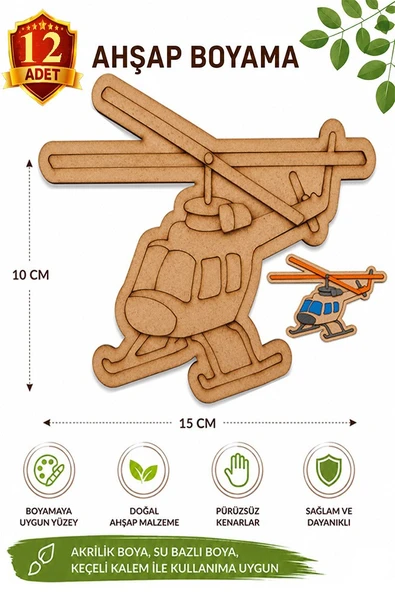 Ahşap Boyama Helikopter 12 Adet 10x15cm Araba Boyama Figürü Etkinlik Çoçuk Gelişim Motor Beceri Kreş Anasınıfı ürün görseli 1