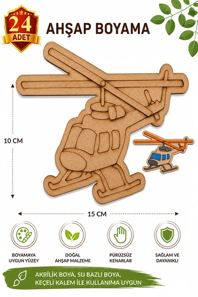 Ahşap Boyama Helikopter 24 Adet 10x15cm Araba Boyama Figürü Etkinlik Çoçuk Gelişim Motor Beceri Kreş Anasınıfı ürün görseli 1