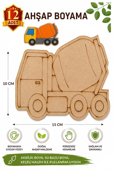 Ahşap Boyama Mikser 12 Adet 10x15cm Araba Boyama Figürü Etkinlik Çoçuk Gelişim Motor Beceri Kreş Anasınıfı ürün görseli 1