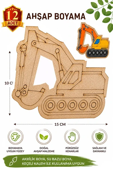Ahşap Boyama Kepçe 12 Adet 10x15cm Araba Boyama Figürü Etkinlik Çoçuk Gelişim Motor Beceri Kreş Anasınıfı ürün görseli 1